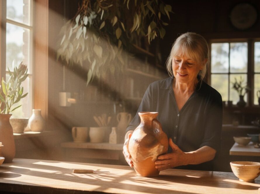 A skilled photographer meticulously capturing a handcrafted ceramic mug amidst the natural light of a rustic Selby Victoria artisan workshop, highlighting the intricate details for Selby Victoria artisan product photography.