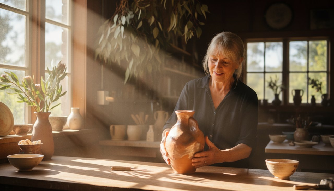 A skilled photographer meticulously capturing a handcrafted ceramic mug amidst the natural light of a rustic Selby Victoria artisan workshop, highlighting the intricate details for Selby Victoria artisan product photography.