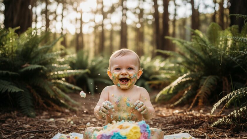 A joyous and vibrant photograph of a baby mid-cake smash, covered in colourful icing, with a wide, happy grin. The background features soft, natural light filtering through lush Selby Victoria Dandenong Ranges foliage, capturing an unforgettable moment of pure, messy delight. Focus is on the baby's expressive face and hands, with blurred bokeh for a dreamy effect.