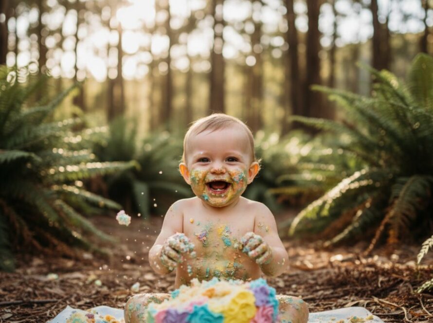 A joyous and vibrant photograph of a baby mid-cake smash, covered in colourful icing, with a wide, happy grin. The background features soft, natural light filtering through lush Selby Victoria Dandenong Ranges foliage, capturing an unforgettable moment of pure, messy delight. Focus is on the baby's expressive face and hands, with blurred bokeh for a dreamy effect.
