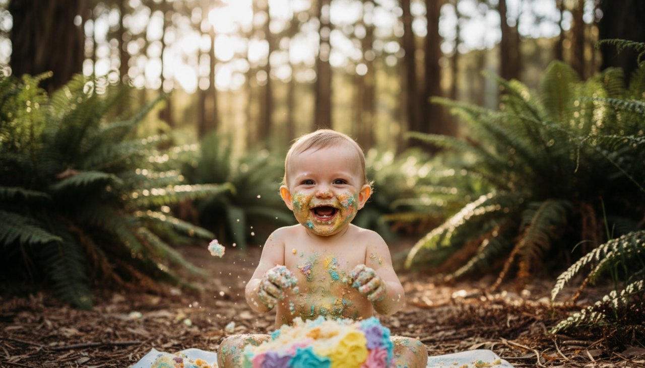 A joyous and vibrant photograph of a baby mid-cake smash, covered in colourful icing, with a wide, happy grin. The background features soft, natural light filtering through lush Selby Victoria Dandenong Ranges foliage, capturing an unforgettable moment of pure, messy delight. Focus is on the baby's expressive face and hands, with blurred bokeh for a dreamy effect.