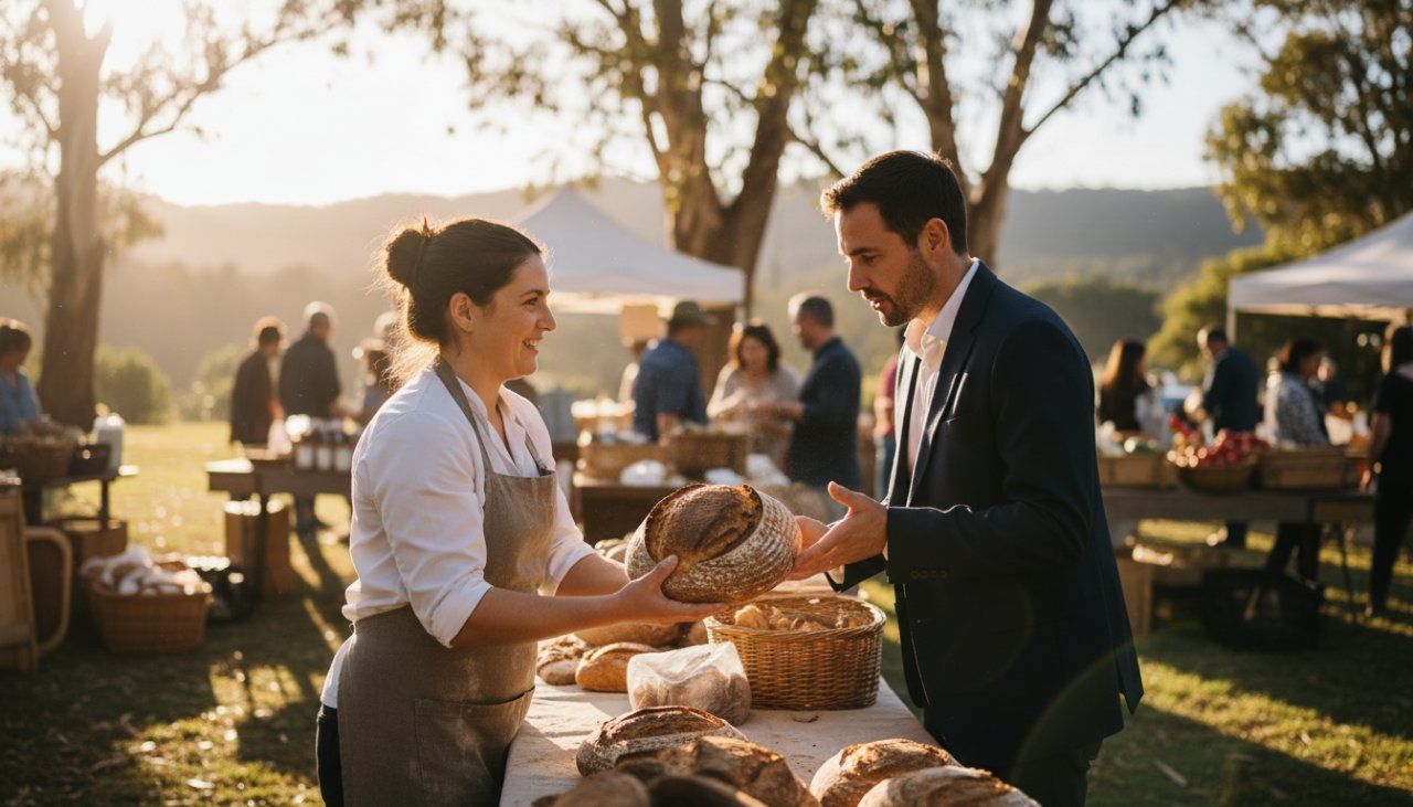 Dynamic wide shot showcasing a local artisan in Selby, Victoria, expertly crafting pottery in their sunlit studio, embodying Selby Victoria Commercial Photography Expertise with warm, inviting light highlighting their focused expression and the unique texture of their work.