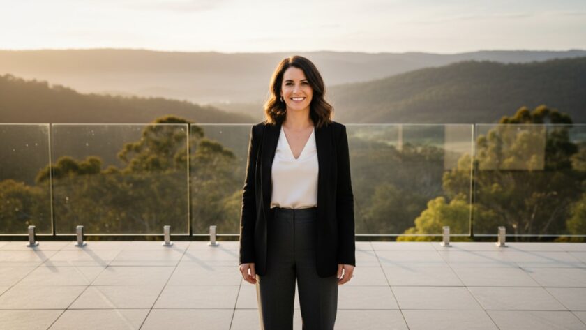A powerful, cinematic shot of a successful business professional from Selby, Victoria, standing confidently in a modern, light-filled office space, looking directly at the camera with a warm, authentic smile, embodying Selby Victoria corporate headshots that capture professional brand essence, with the Dandenong Ranges visible faintly in the background, late afternoon golden hour lighting.
