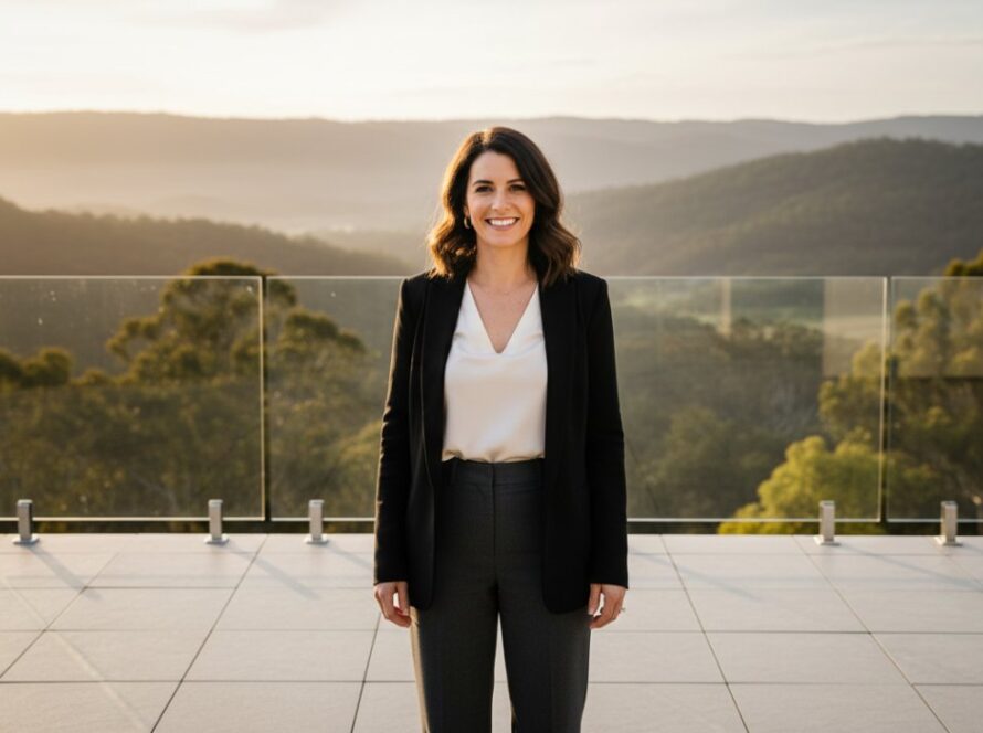 A powerful, cinematic shot of a successful business professional from Selby, Victoria, standing confidently in a modern, light-filled office space, looking directly at the camera with a warm, authentic smile, embodying Selby Victoria corporate headshots that capture professional brand essence, with the Dandenong Ranges visible faintly in the background, late afternoon golden hour lighting.