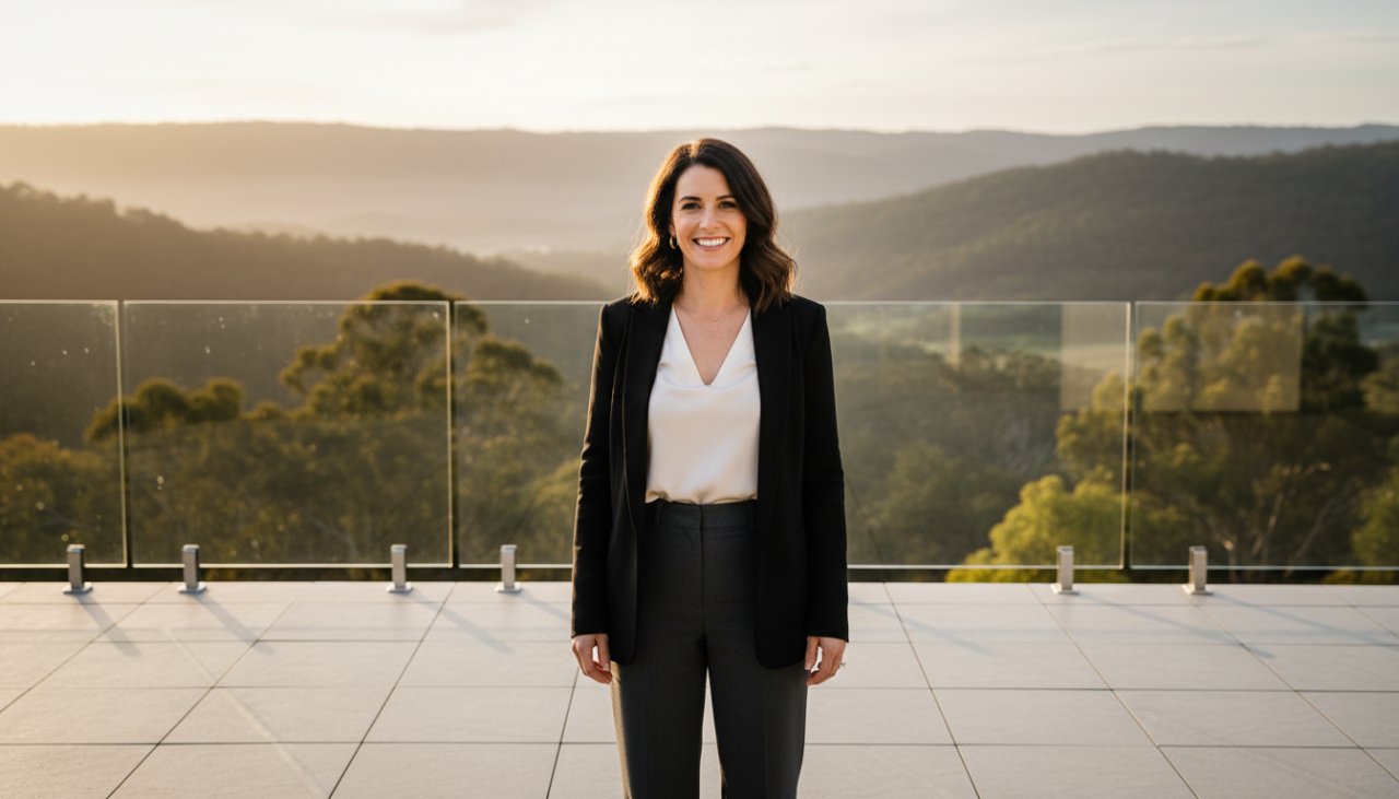 A powerful, cinematic shot of a successful business professional from Selby, Victoria, standing confidently in a modern, light-filled office space, looking directly at the camera with a warm, authentic smile, embodying Selby Victoria corporate headshots that capture professional brand essence, with the Dandenong Ranges visible faintly in the background, late afternoon golden hour lighting.