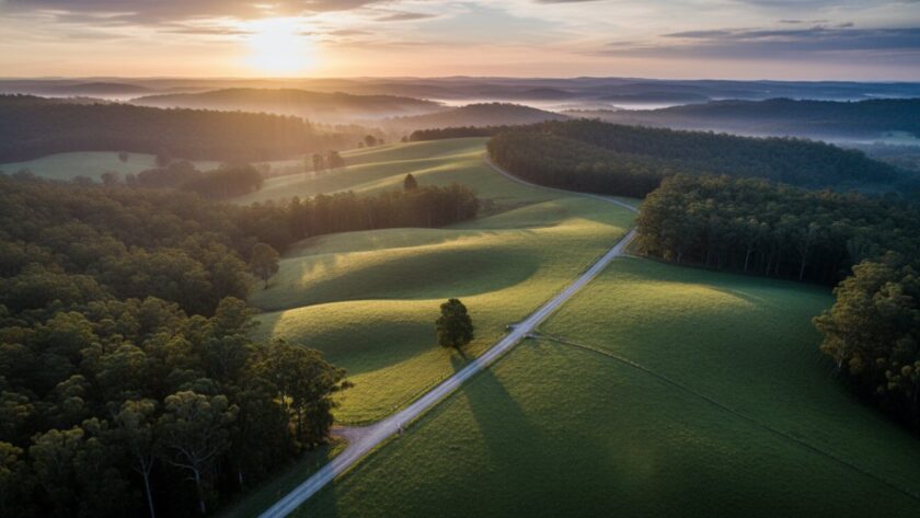 An epic, cinematic drone shot capturing the stunning Selby Victoria Dandenongs landscape photography, showcasing rolling green hills, dense eucalypt forests, and a winding road under a dramatic golden hour sky, with a hint of morning mist lifting.