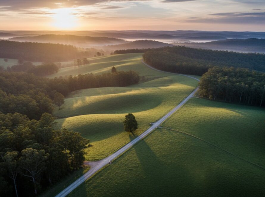 An epic, cinematic drone shot capturing the stunning Selby Victoria Dandenongs landscape photography, showcasing rolling green hills, dense eucalypt forests, and a winding road under a dramatic golden hour sky, with a hint of morning mist lifting.