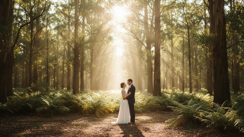 A breathtaking fine art photography woodland portrait captured in Selby, Victoria, Australia, featuring a couple embracing under the dappled sunlight filtering through tall eucalyptus trees, creating an epic moment of serene connection.