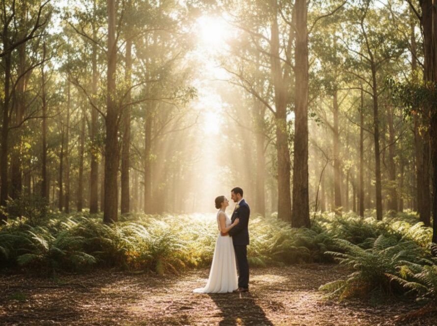 A breathtaking fine art photography woodland portrait captured in Selby, Victoria, Australia, featuring a couple embracing under the dappled sunlight filtering through tall eucalyptus trees, creating an epic moment of serene connection.