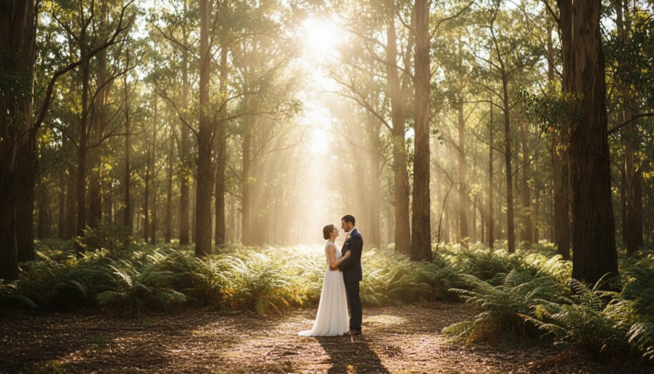 A breathtaking fine art photography woodland portrait captured in Selby, Victoria, Australia, featuring a couple embracing under the dappled sunlight filtering through tall eucalyptus trees, creating an epic moment of serene connection.