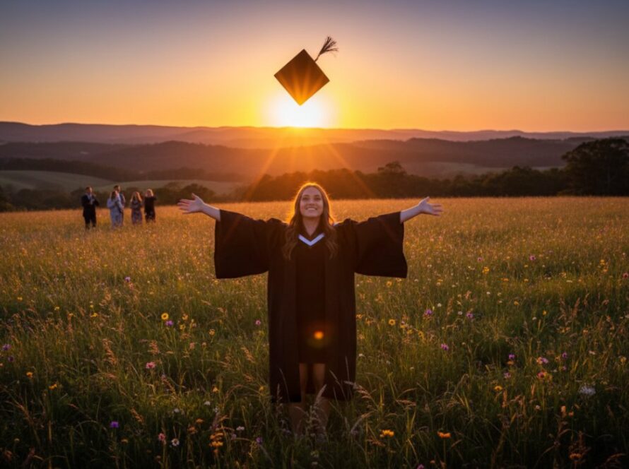 A joyful graduate in their cap and gown, framed against the lush, natural beauty of a Selby park, celebrating their achievement with family, during a Selby Victoria graduation photography capturing epic moments session by Image by SD.