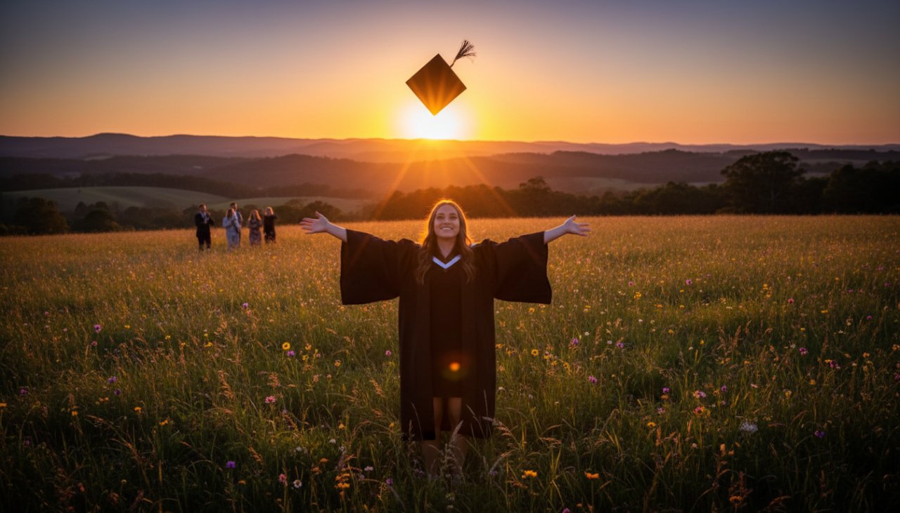 A joyful graduate in their cap and gown, framed against the lush, natural beauty of a Selby park, celebrating their achievement with family, during a Selby Victoria graduation photography capturing epic moments session by Image by SD.