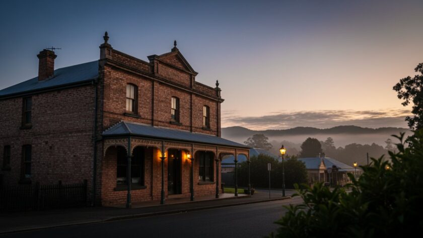 A golden hour shot of a grand, turn-of-the-century heritage building in Selby, Victoria, showcasing intricate details and long shadows, perfectly illustrating Selby Victoria heritage building photography.