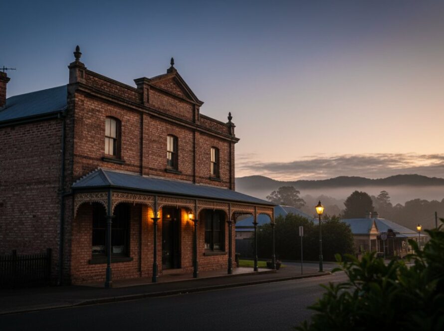 A golden hour shot of a grand, turn-of-the-century heritage building in Selby, Victoria, showcasing intricate details and long shadows, perfectly illustrating Selby Victoria heritage building photography.