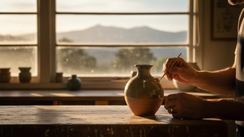 Dramatic wide-angle shot of a beautifully lit, artisanal ceramic mug (featuring local Selby craftsmanship) against a blurred, golden-hour backdrop of the Dandenong Ranges, showcasing Selby Victoria product photography with elegance and authenticity.