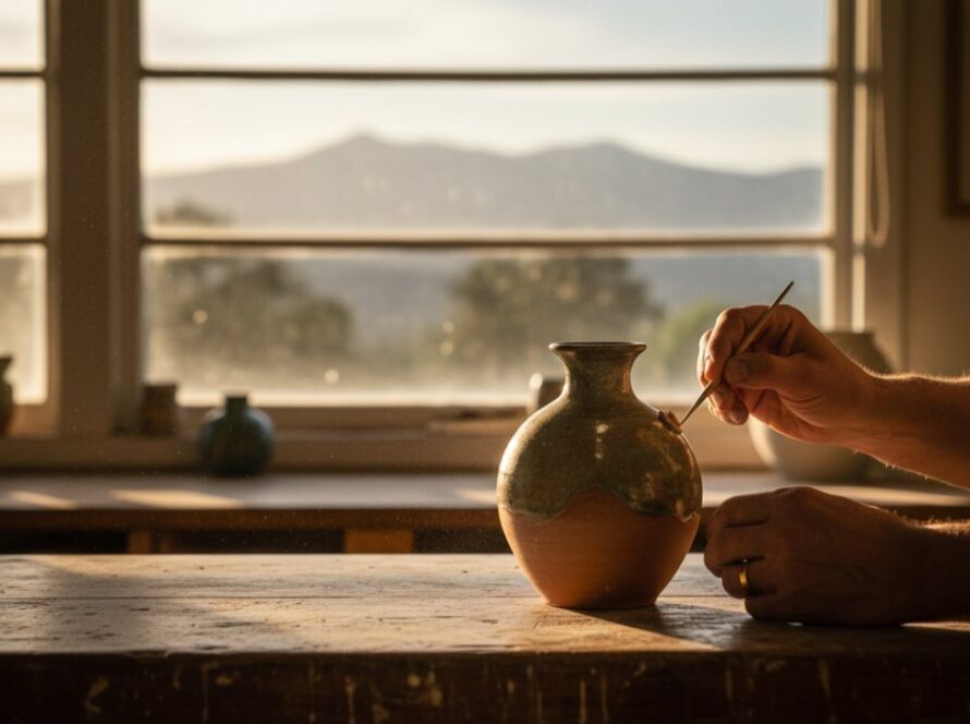 Dramatic wide-angle shot of a beautifully lit, artisanal ceramic mug (featuring local Selby craftsmanship) against a blurred, golden-hour backdrop of the Dandenong Ranges, showcasing Selby Victoria product photography with elegance and authenticity.