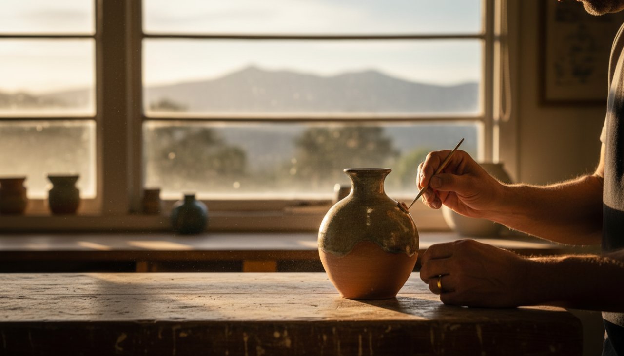 Dramatic wide-angle shot of a beautifully lit, artisanal ceramic mug (featuring local Selby craftsmanship) against a blurred, golden-hour backdrop of the Dandenong Ranges, showcasing Selby Victoria product photography with elegance and authenticity.