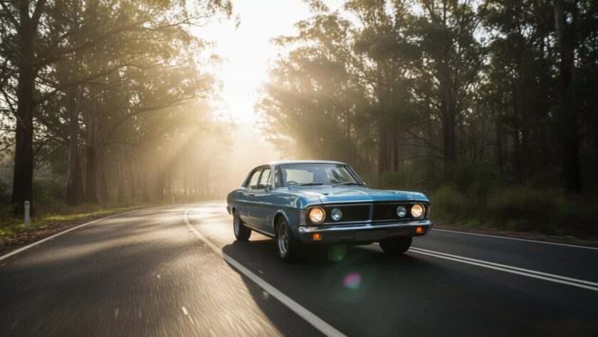 An epic moment in Selby vintage auto photography picturesque roads, capturing a gleaming vintage muscle car driving along a winding, tree-lined road at dawn, mist rising, sunbeams piercing through.