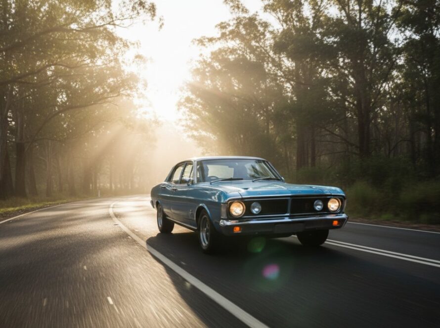 An epic moment in Selby vintage auto photography picturesque roads, capturing a gleaming vintage muscle car driving along a winding, tree-lined road at dawn, mist rising, sunbeams piercing through.