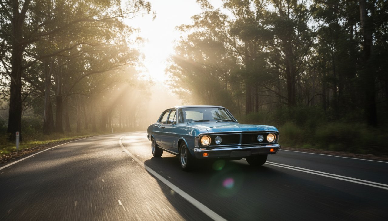 An epic moment in Selby vintage auto photography picturesque roads, capturing a gleaming vintage muscle car driving along a winding, tree-lined road at dawn, mist rising, sunbeams piercing through.