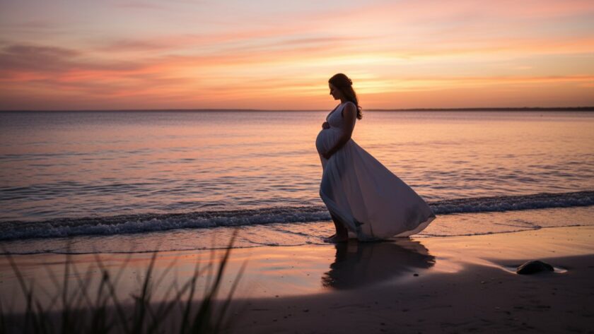 An ethereal, wide-angle photograph capturing serene Bittern maternity portraits Western Port, featuring a glowing pregnant woman silhouetted against a dramatic sunset over the calm waters of Western Port Bay, with soft golden light illuminating her bump and a gentle sea breeze. An epic moment of natural beauty.