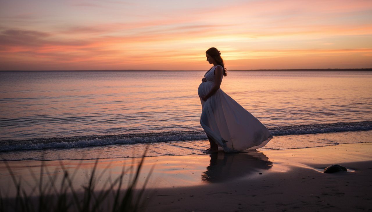 An ethereal, wide-angle photograph capturing serene Bittern maternity portraits Western Port, featuring a glowing pregnant woman silhouetted against a dramatic sunset over the calm waters of Western Port Bay, with soft golden light illuminating her bump and a gentle sea breeze. An epic moment of natural beauty.