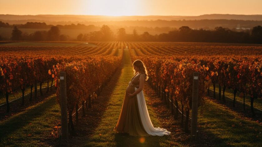 An expectant mother, glowing in the late afternoon sun amidst rolling vineyards, experiencing a serene maternity photoshoot Dixons Creek vineyards, captured from a cinematic wide-angle.