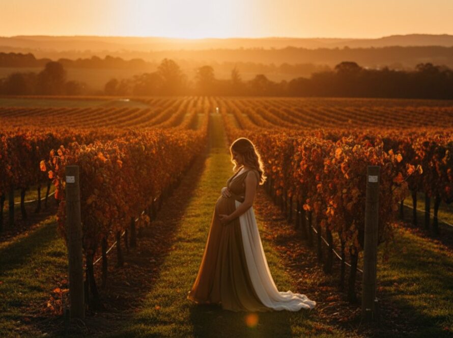 An expectant mother, glowing in the late afternoon sun amidst rolling vineyards, experiencing a serene maternity photoshoot Dixons Creek vineyards, captured from a cinematic wide-angle.