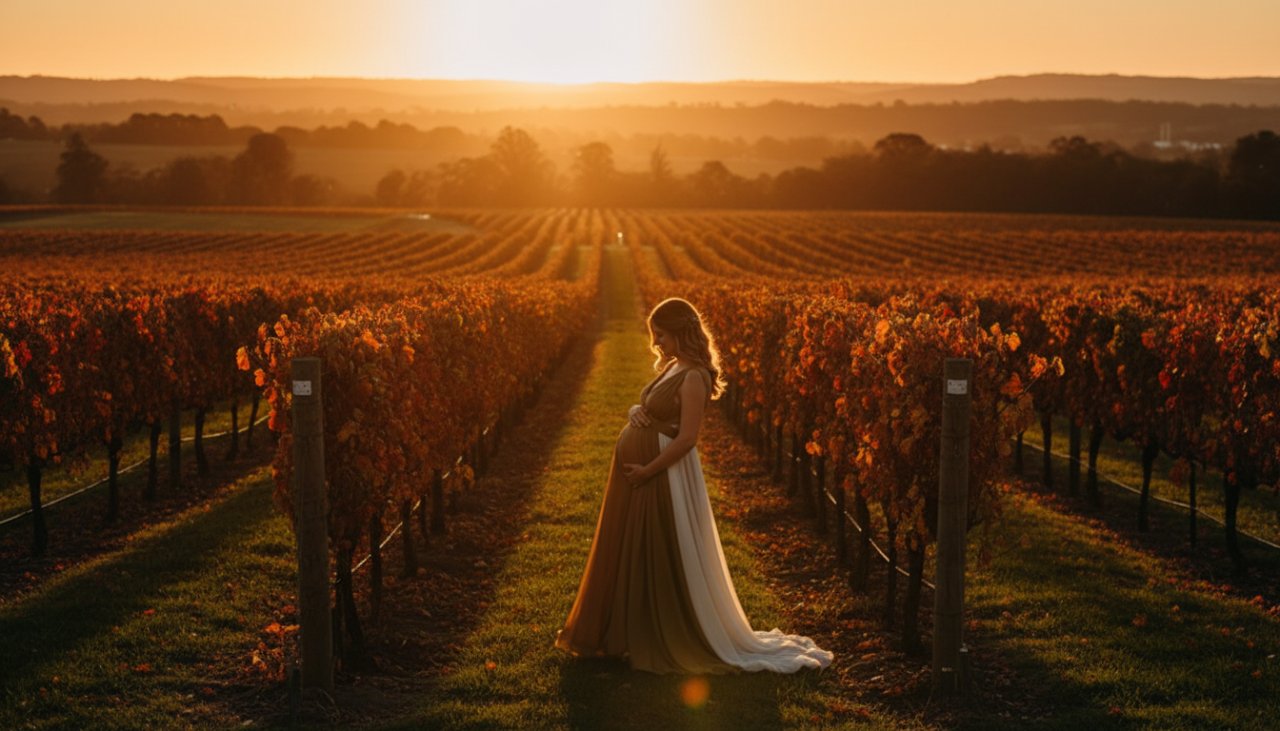An expectant mother, glowing in the late afternoon sun amidst rolling vineyards, experiencing a serene maternity photoshoot Dixons Creek vineyards, captured from a cinematic wide-angle.