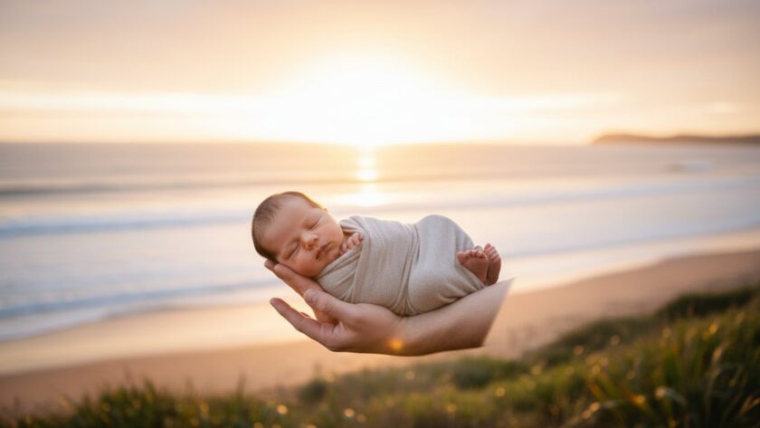 A heartwarming, softly lit 'epic moment' photograph capturing a newborn peacefully sleeping in a gentle embrace, with the serene Mount Martha coastline subtly blurred in the background, symbolising the start of a beautiful journey, perfect for a serene Mount Martha newborn photography session.