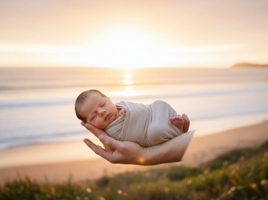 A heartwarming, softly lit 'epic moment' photograph capturing a newborn peacefully sleeping in a gentle embrace, with the serene Mount Martha coastline subtly blurred in the background, symbolising the start of a beautiful journey, perfect for a serene Mount Martha newborn photography session.