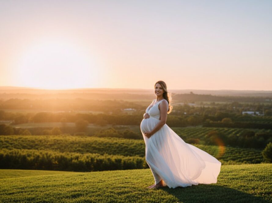 A glowing pregnant woman in a flowing white dress, silhouetted against a golden Wandin East sunset, holding her belly, capturing serene outdoor maternity photos Wandin East with an ethereal glow.