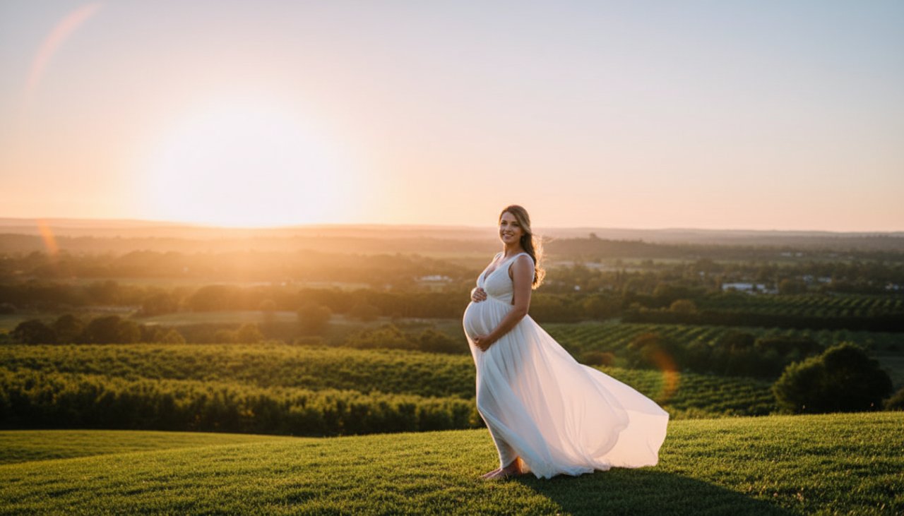 A glowing pregnant woman in a flowing white dress, silhouetted against a golden Wandin East sunset, holding her belly, capturing serene outdoor maternity photos Wandin East with an ethereal glow.