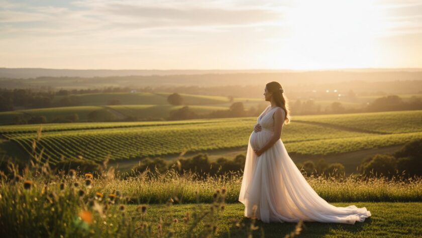 An expectant mother, glowing and serene, stands silhouetted against a golden Wandin North sunset in an epic moment of a serene Wandin North maternity photography session, surrounded by rolling hills and soft, ethereal light.
