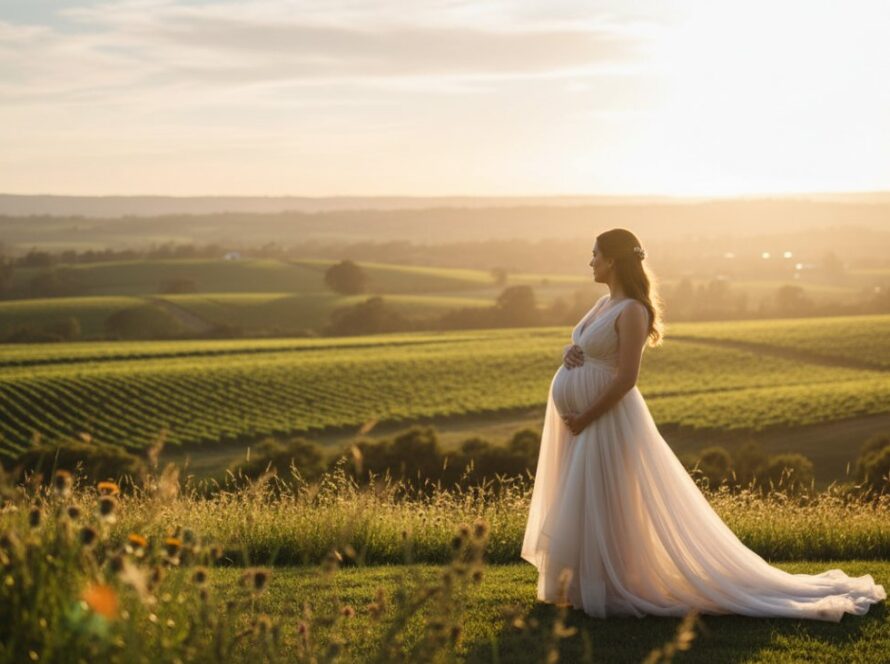 An expectant mother, glowing and serene, stands silhouetted against a golden Wandin North sunset in an epic moment of a serene Wandin North maternity photography session, surrounded by rolling hills and soft, ethereal light.