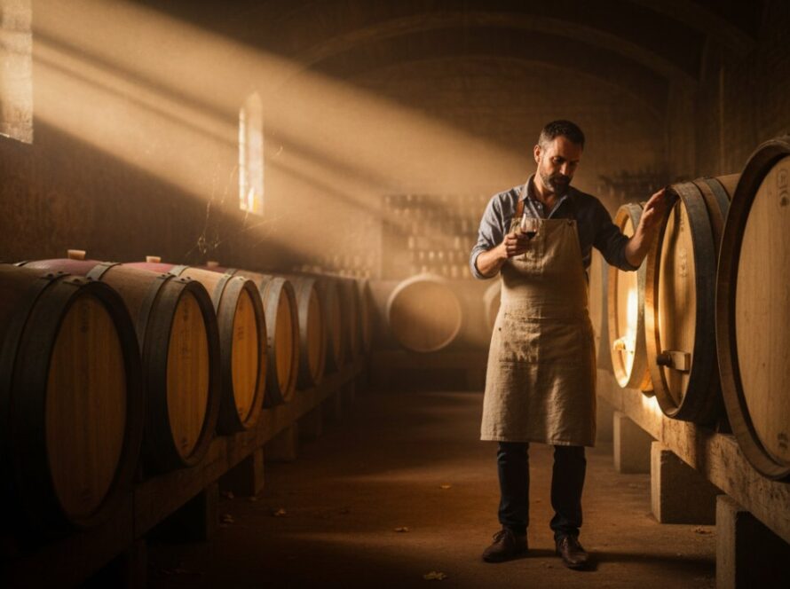 An epic moment of a local artisan in Seville, Victoria, passionately crafting wine barrels, illuminated by golden hour light in a rustic winery, showcasing the essence of Seville commercial photography for local businesses.