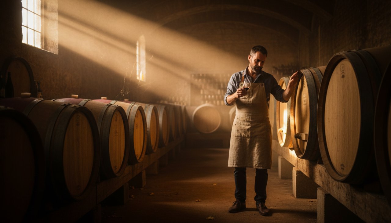An epic moment of a local artisan in Seville, Victoria, passionately crafting wine barrels, illuminated by golden hour light in a rustic winery, showcasing the essence of Seville commercial photography for local businesses.