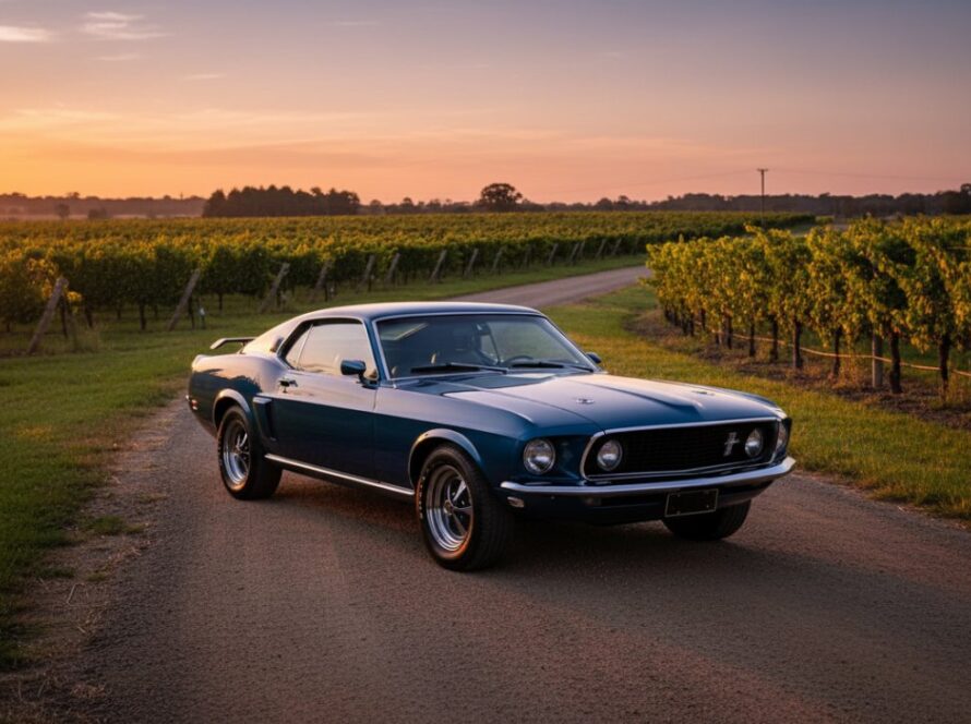 A vibrant red vintage muscle car gleaming under the golden hour sun, parked dramatically on a winding vineyard road in Seville East, capturing the essence of Seville East Classic Car Photography with dynamic lighting and rich colours.