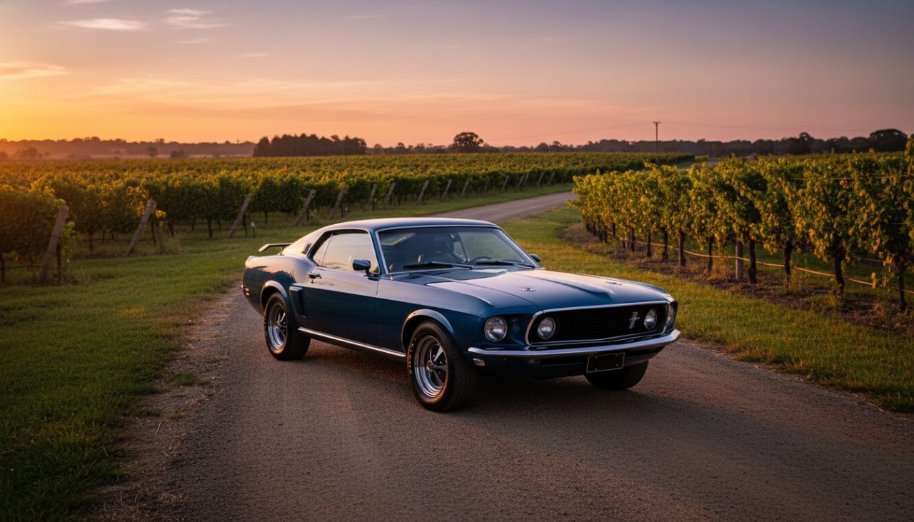 A vibrant red vintage muscle car gleaming under the golden hour sun, parked dramatically on a winding vineyard road in Seville East, capturing the essence of Seville East Classic Car Photography with dynamic lighting and rich colours.