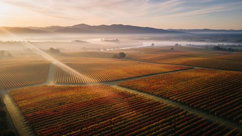 An epic aerial shot of the sunrise over Seville East, Victoria, showcasing a vast vineyard bathed in golden light, with mist rising from the Yarra River in the distance, captured via expert Seville East drone vineyard photography.