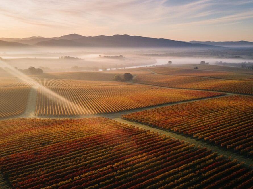 An epic aerial shot of the sunrise over Seville East, Victoria, showcasing a vast vineyard bathed in golden light, with mist rising from the Yarra River in the distance, captured via expert Seville East drone vineyard photography.