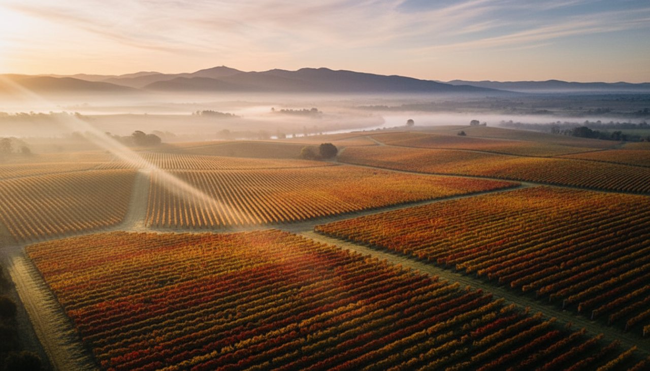 An epic aerial shot of the sunrise over Seville East, Victoria, showcasing a vast vineyard bathed in golden light, with mist rising from the Yarra River in the distance, captured via expert Seville East drone vineyard photography.