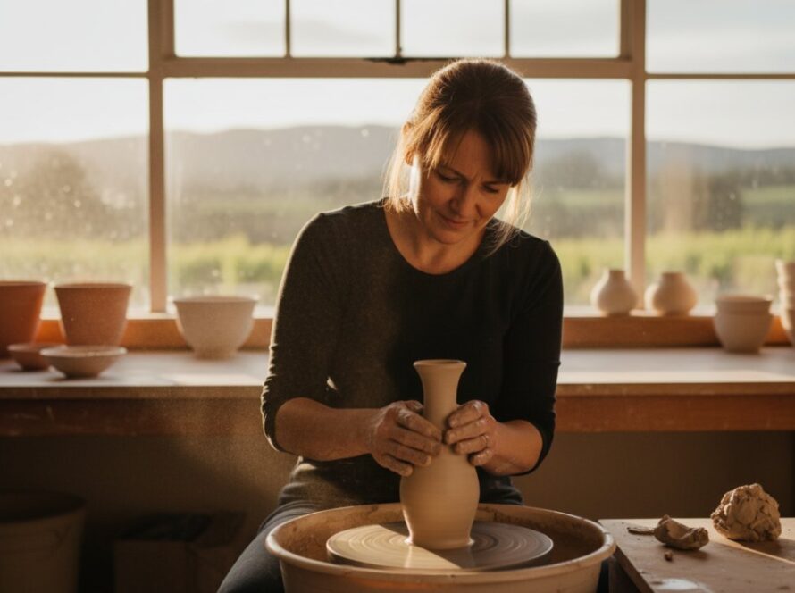 An epic moment of a local artisan passionately crafting pottery, bathed in warm, natural light within their studio in Seville East, Victoria, captured through Seville East Editorial Photography Authentic Visual Storytelling.
