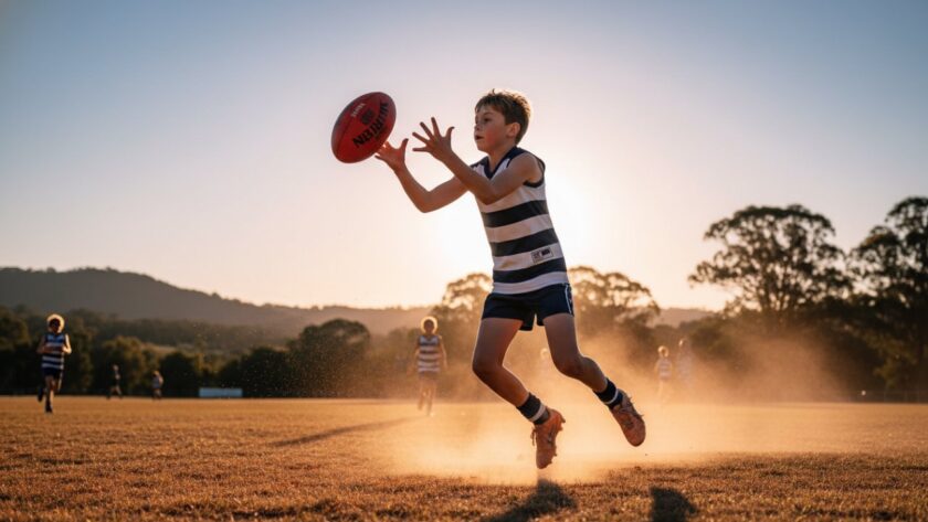 Dynamic, wide-angle shot of a young footballer in mid-air, kicking an Aussie Rules football during a decisive play at the Seville East Recreation Reserve, bathed in late afternoon golden hour sunlight, capturing the intense Seville East junior footy action photography.