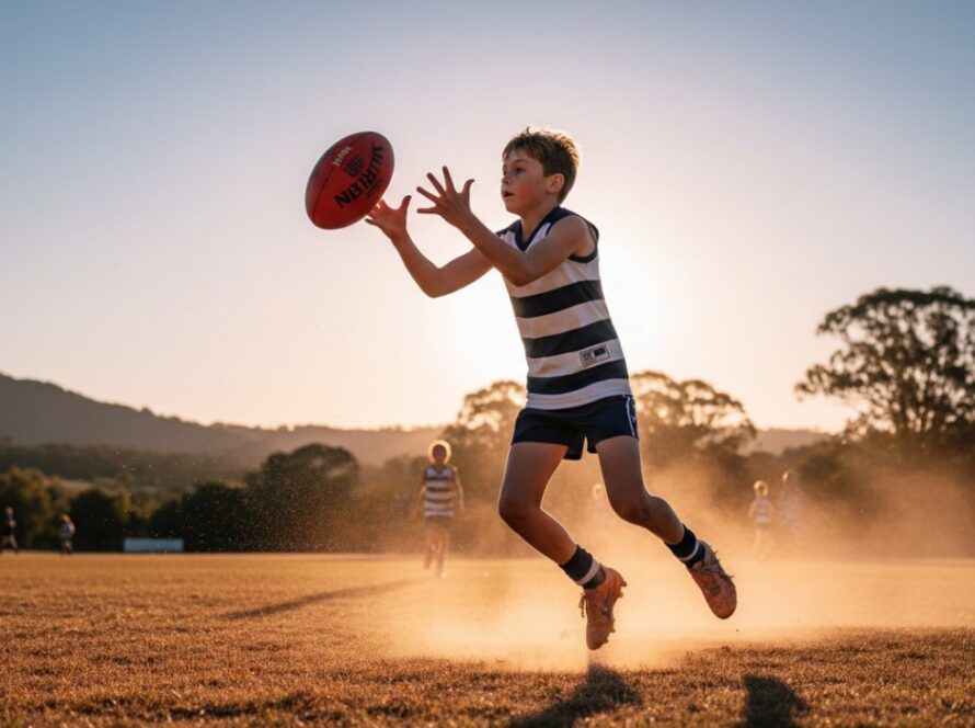 Dynamic, wide-angle shot of a young footballer in mid-air, kicking an Aussie Rules football during a decisive play at the Seville East Recreation Reserve, bathed in late afternoon golden hour sunlight, capturing the intense Seville East junior footy action photography.