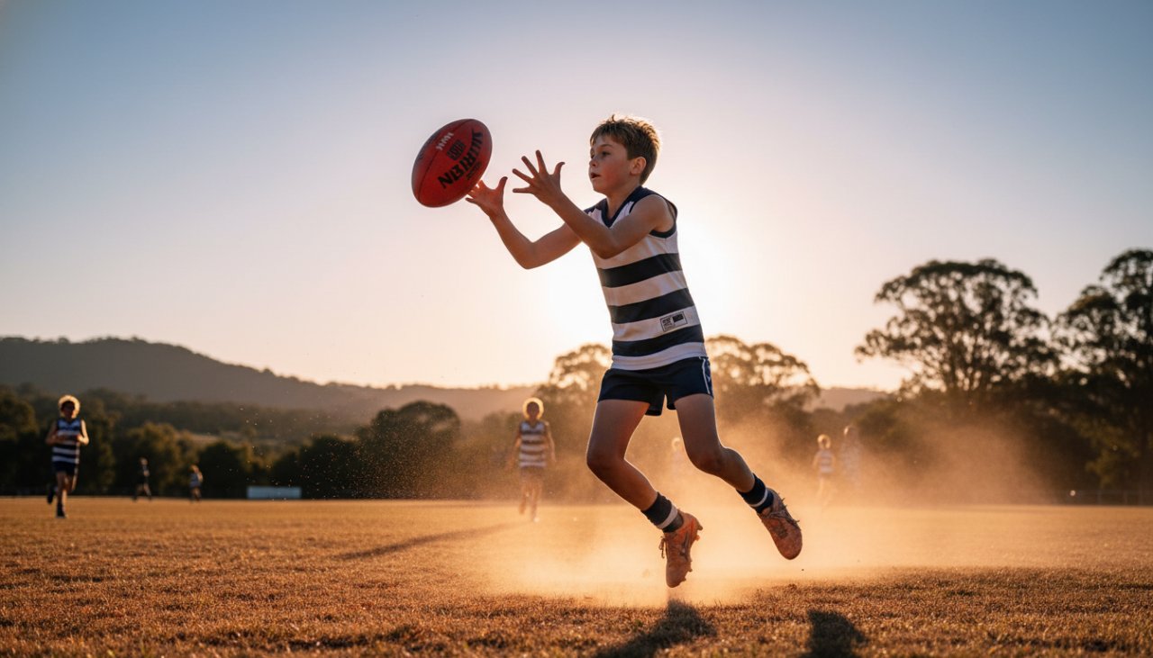 Dynamic, wide-angle shot of a young footballer in mid-air, kicking an Aussie Rules football during a decisive play at the Seville East Recreation Reserve, bathed in late afternoon golden hour sunlight, capturing the intense Seville East junior footy action photography.