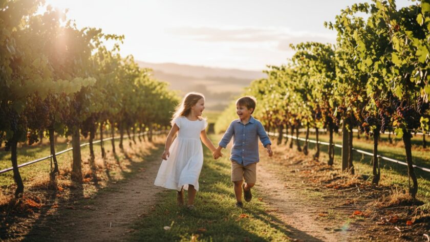 An emotionally resonant, wide-angle shot showcasing Seville East kids photography authentic joy as two siblings, a boy and a girl, laugh genuinely while running hand-in-hand through a sun-dappled vineyard at golden hour, with the rolling hills of Seville East in the background.