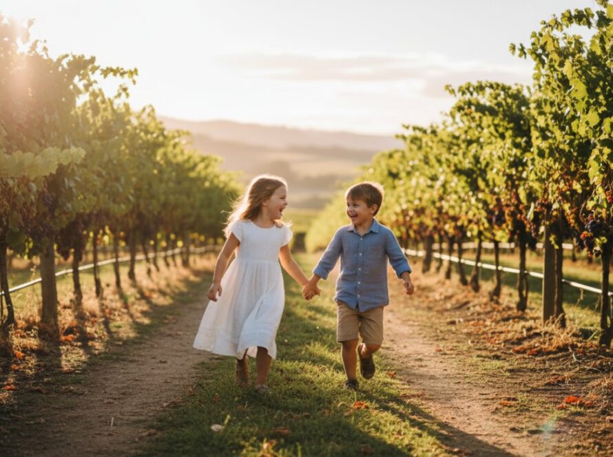 An emotionally resonant, wide-angle shot showcasing Seville East kids photography authentic joy as two siblings, a boy and a girl, laugh genuinely while running hand-in-hand through a sun-dappled vineyard at golden hour, with the rolling hills of Seville East in the background.