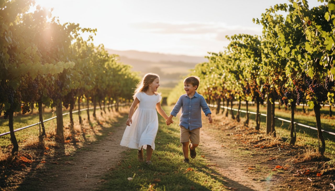 An emotionally resonant, wide-angle shot showcasing Seville East kids photography authentic joy as two siblings, a boy and a girl, laugh genuinely while running hand-in-hand through a sun-dappled vineyard at golden hour, with the rolling hills of Seville East in the background.