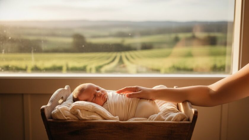 An epic moment captures a tender newborn baby nestled safely in parents' hands, bathed in soft, natural light, against a rustic, picturesque Seville East farm backdrop, embodying Seville East newborn photography with authentic family moments.